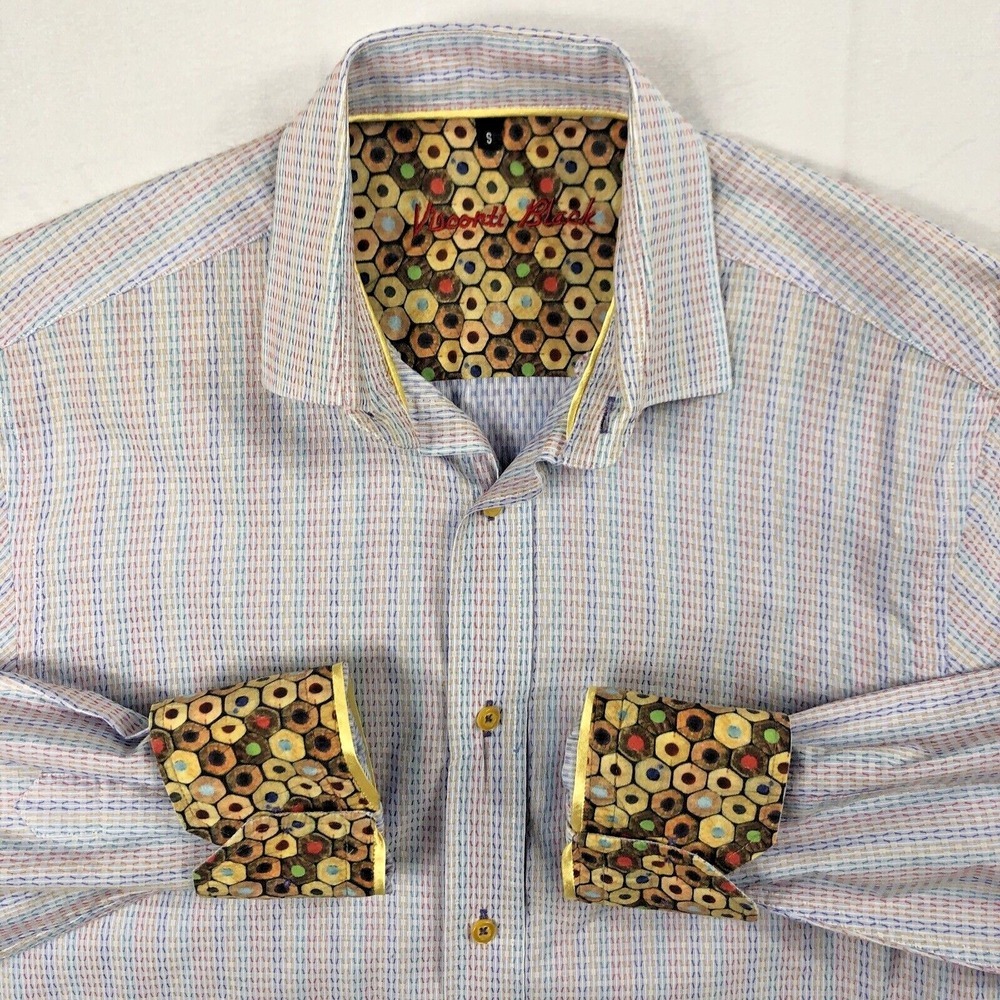 Visconti Black Shirt Men's S Striped Multicolor Flip Cuff Button Up Long Sleeve - Picture 1 of 14